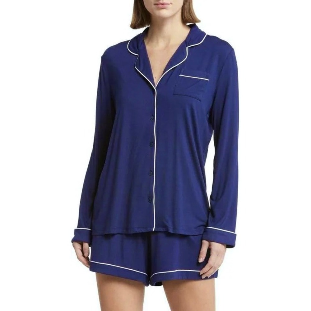 Nordstrom Moonlight Eco Soft Navy Long Sleeve Short Pajamas Set Top M Bottoms S